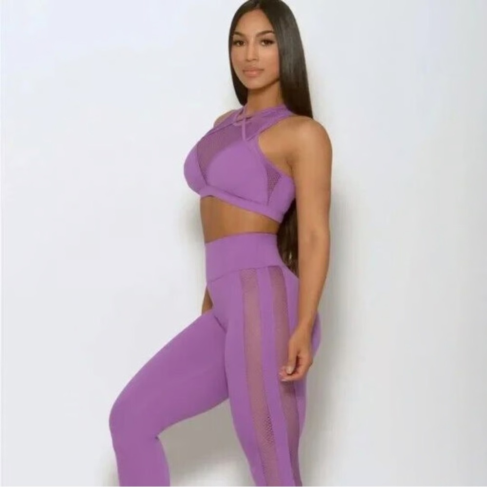 Bombshell Sportswear Purple Mesh-Panel Leggings Set